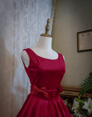 Wine Red Satin Tea Length Party Dress with Bow