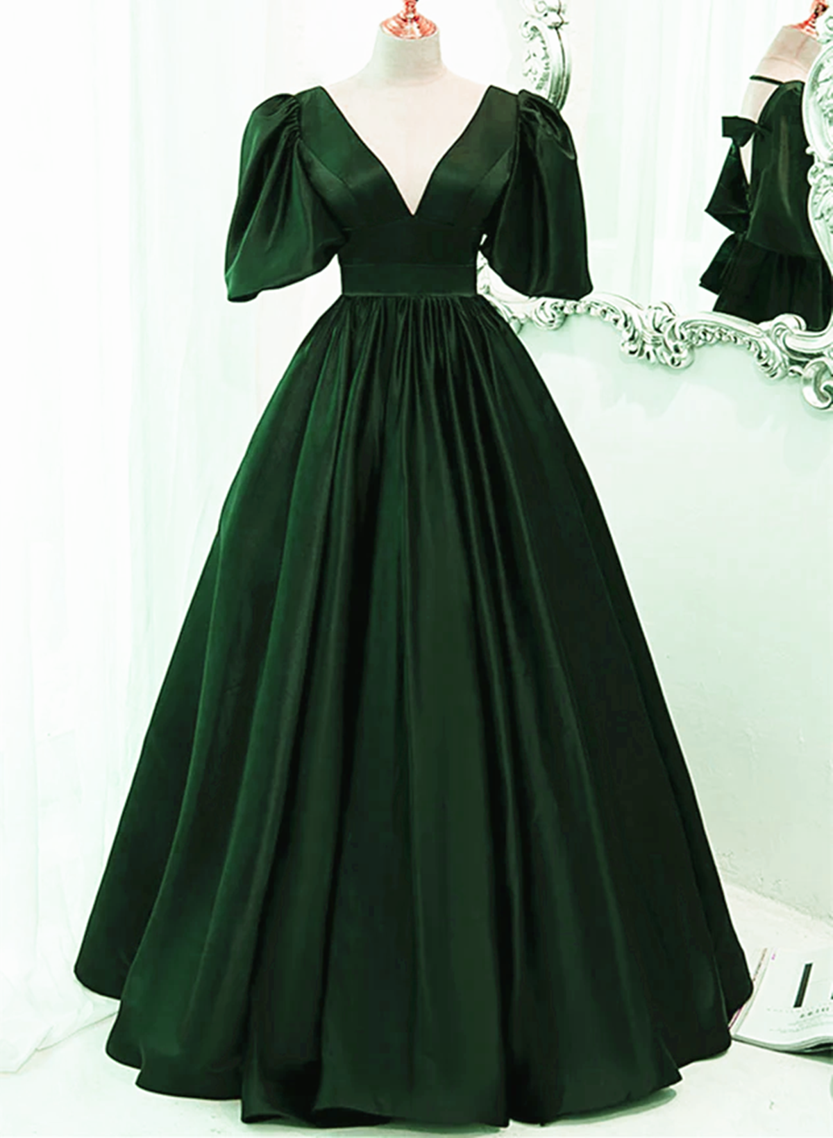 Green Satin Short Sleeves Long Party Dress