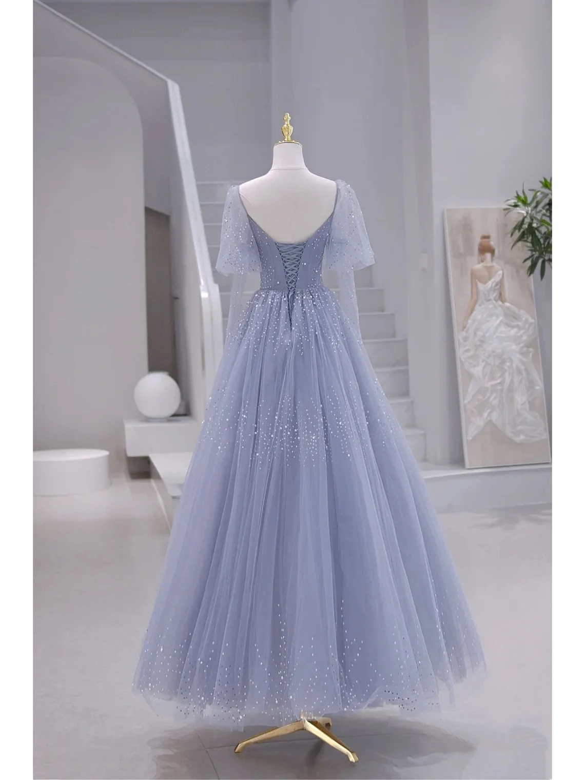 Blue Short Sleeves Tulle Long Sweetheart Party Dress