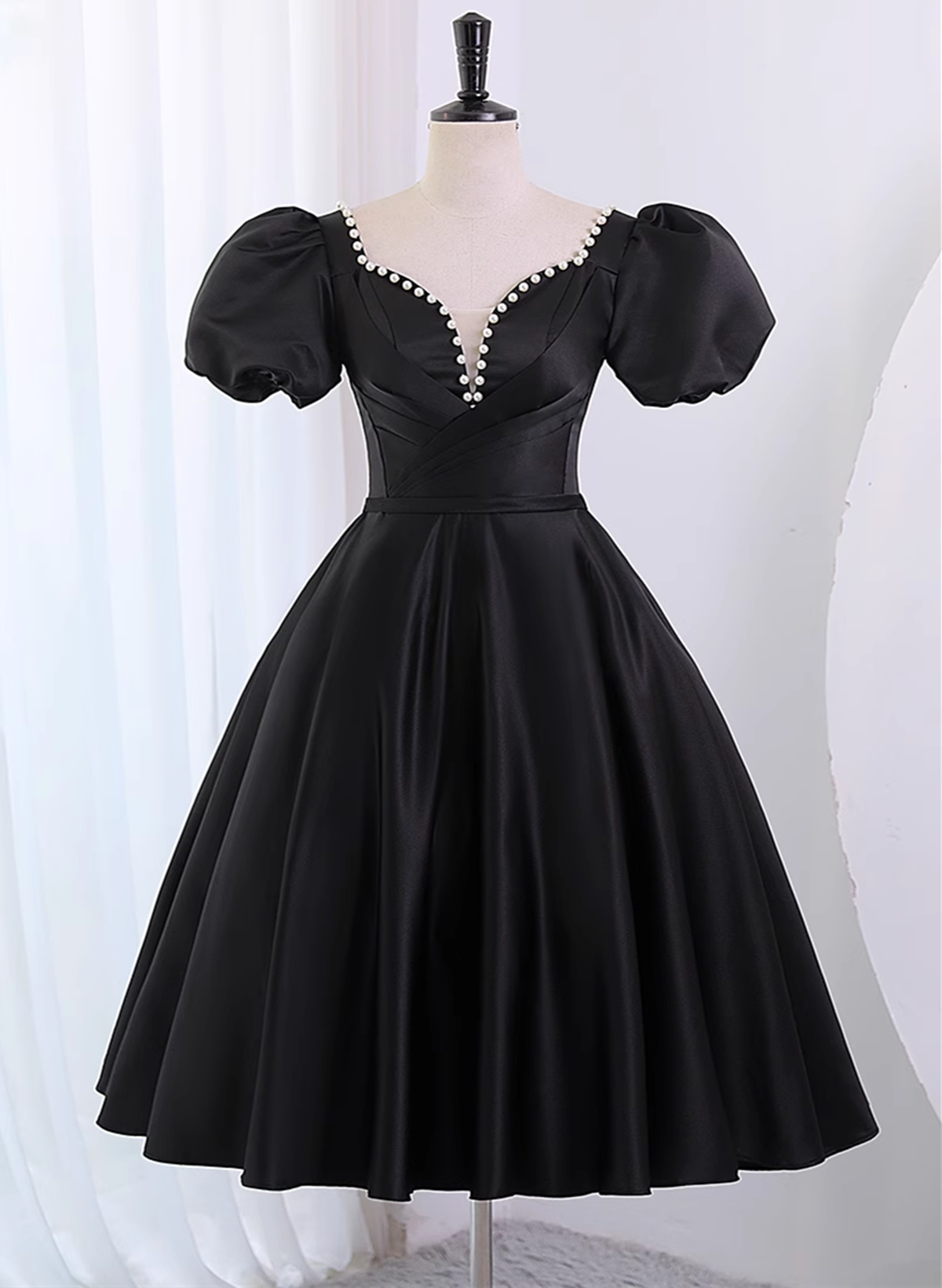 Black Satin Short Sleeves Knee Length Party Dress
