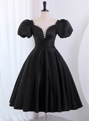 Black Satin Short Sleeves Knee Length Party Dress