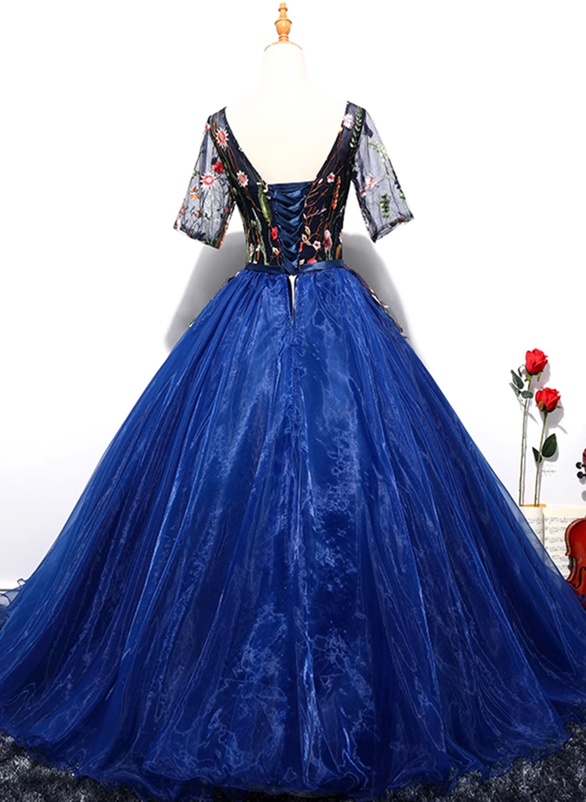 Blue Ball Gown Tulle with Lace Short Sleeves Party Dress