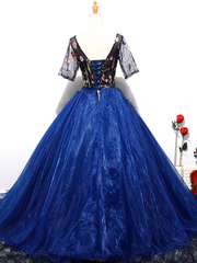 Blue Ball Gown Tulle with Lace Short Sleeves Party Dress