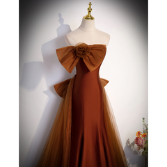 Brown Tulle and Satin Mermaid Long Party Dress
