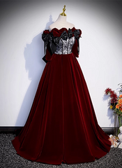Wine Red Velvet Off Shoulder Party Dress with Bow