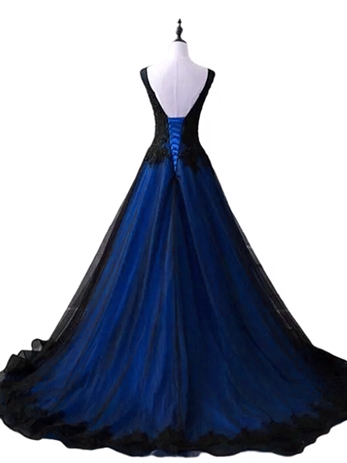 Black and Blue V-neckline Lace Applique Long Formal Dress