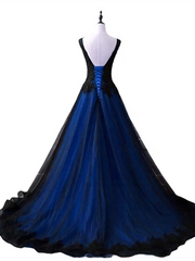 Black and Blue V-neckline Lace Applique Long Formal Dress