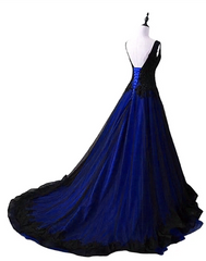 Black and Blue V-neckline Lace Applique Long Formal Dress