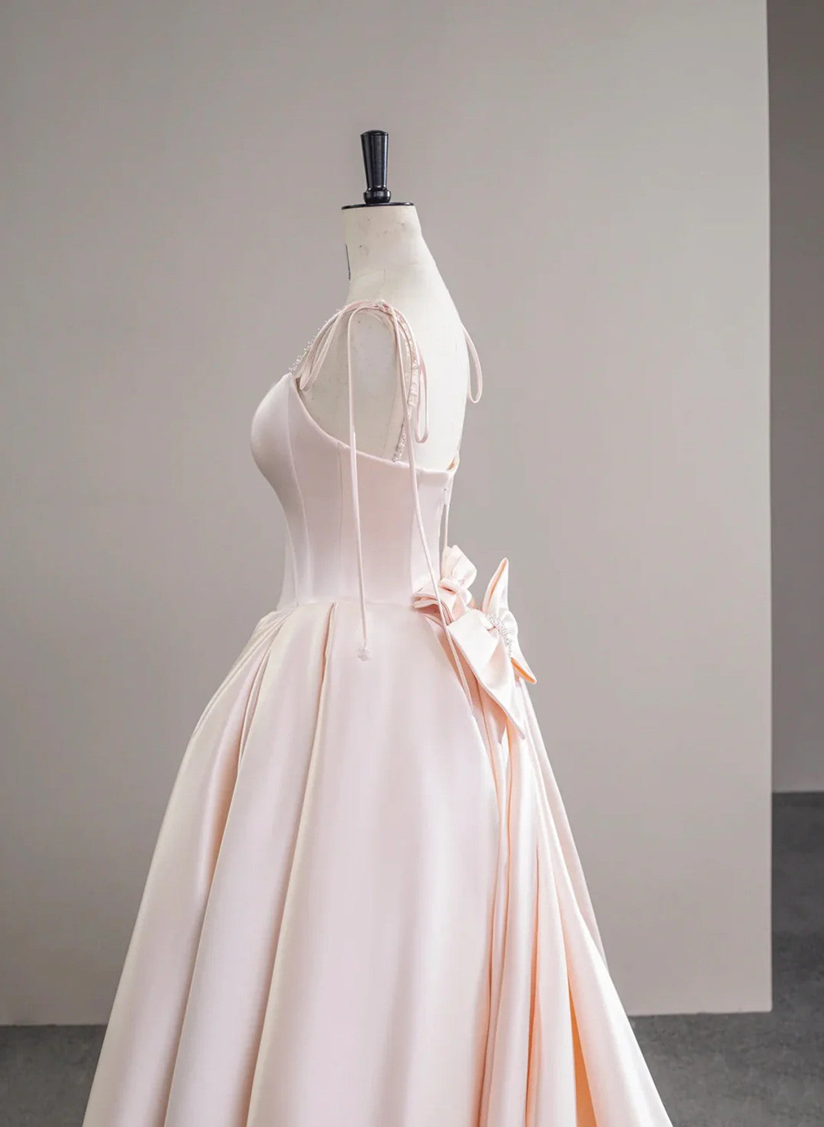 Pink Satin Straps Long Formal Dress with Bow