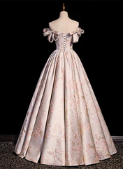 Vestido largo de fiesta floral con hombros descubiertos y estampado rosa 