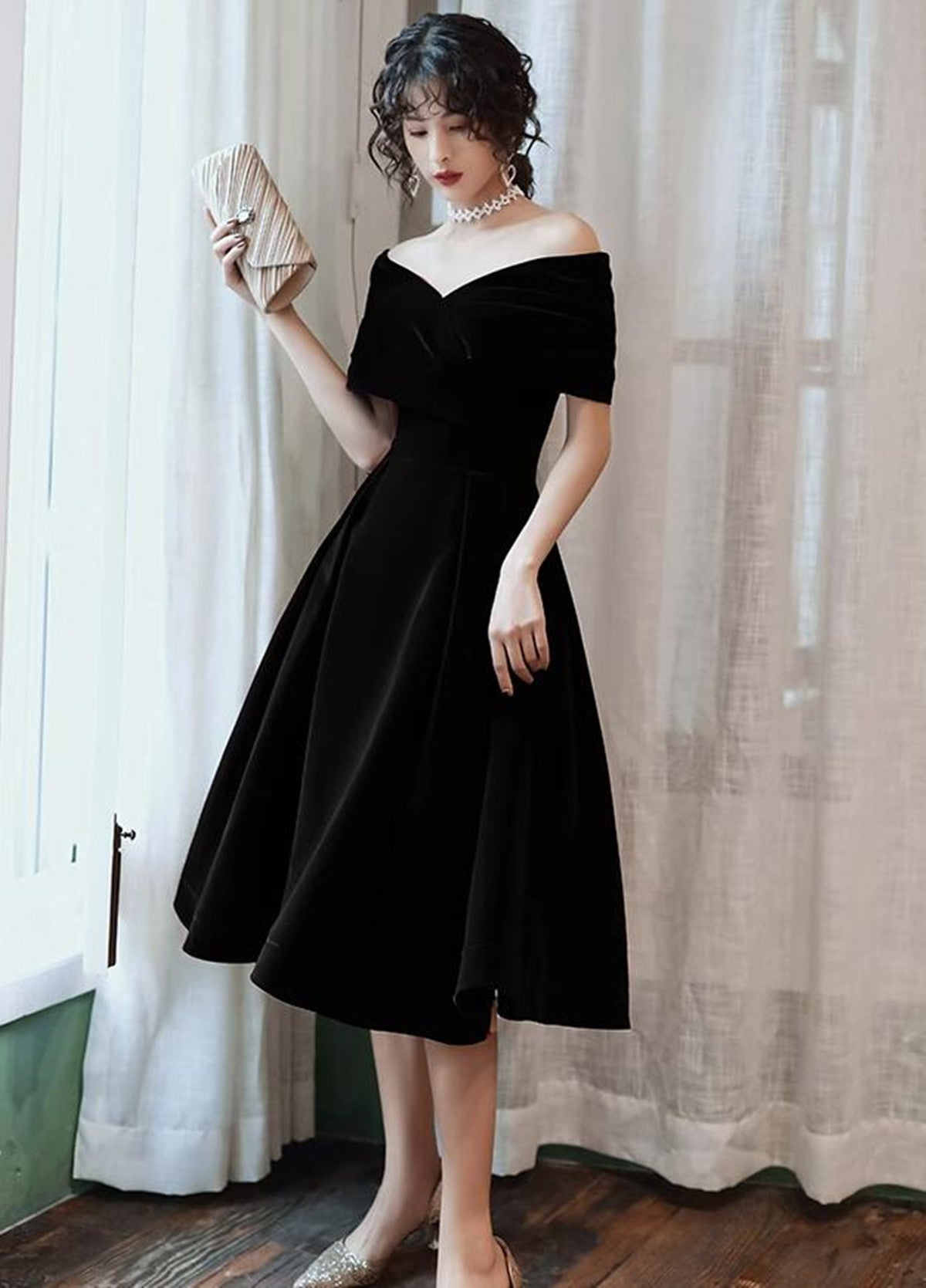 Black Velvet Tea Length Off Shoulder Party Dress