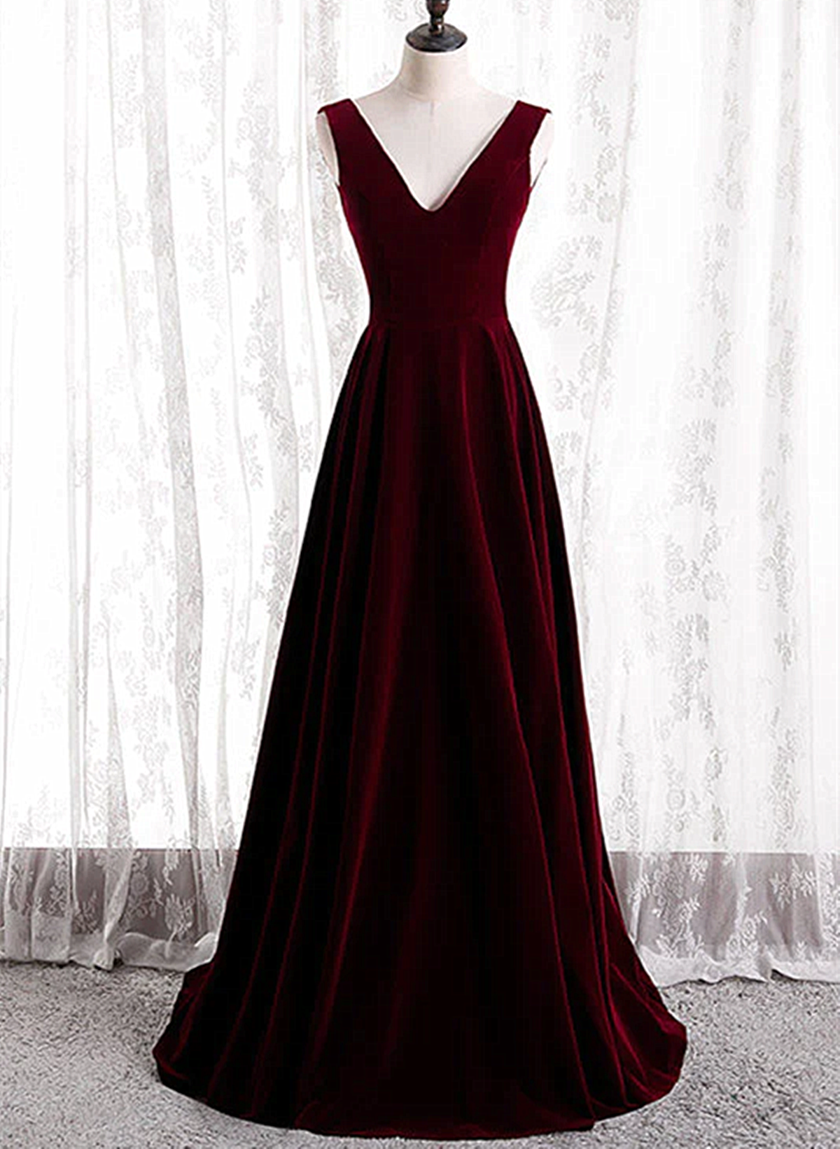 Wine Red Velvet V-neckline Simple Long Party Dress
