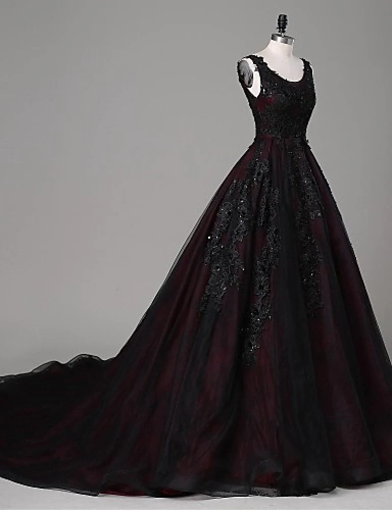 Black and Red Backless Tulle Long Formal Gown