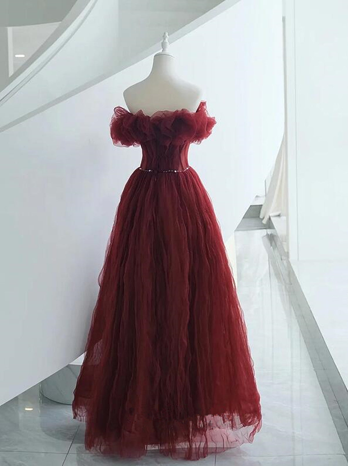 Wine Red Tulle Sequins Long Off Shoulder Party Dress