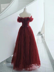 Wine Red Tulle Sequins Long Off Shoulder Party Dress