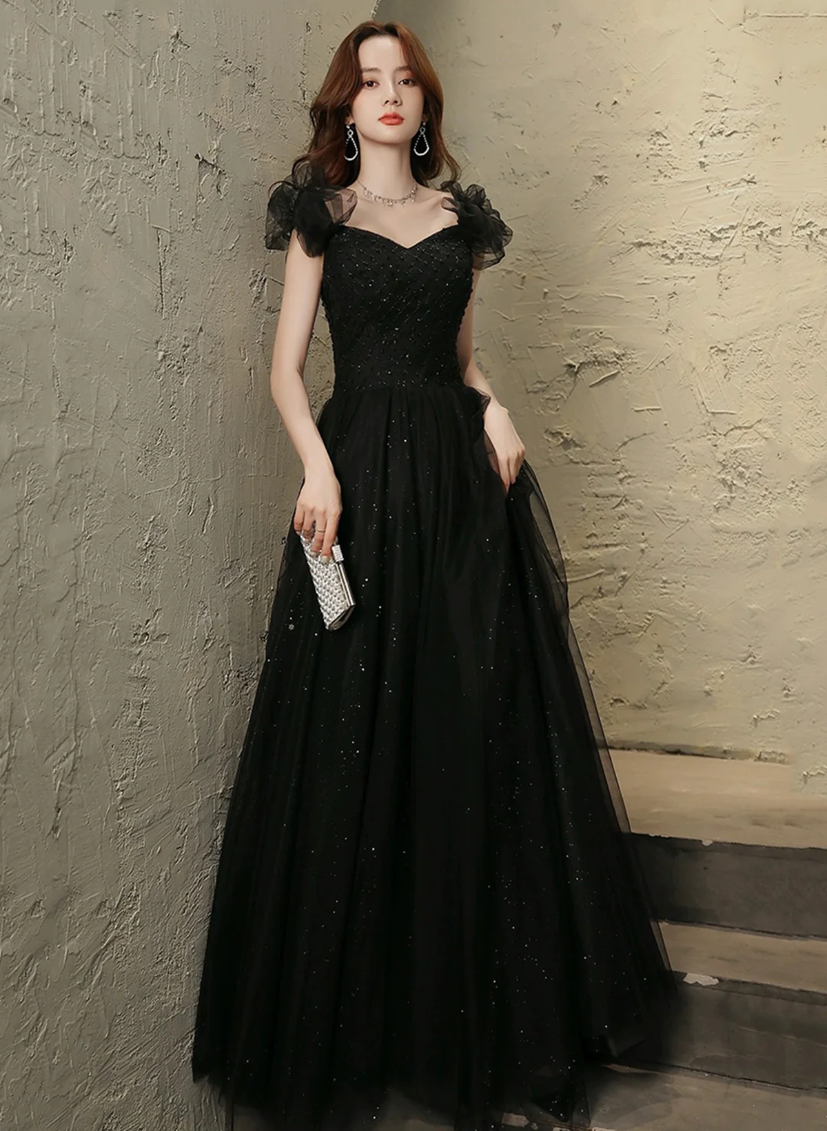 Black Tulle Beaded A-line Long Prom Dress