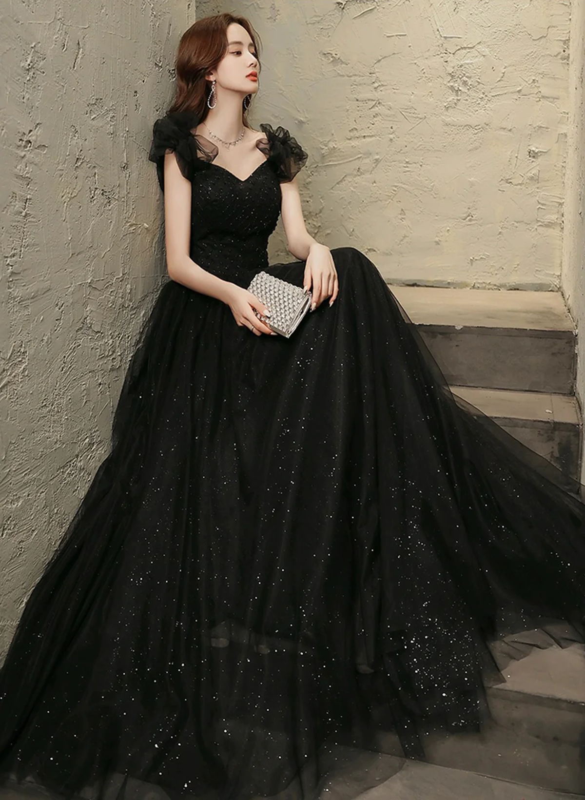 Black Tulle Beaded A-line Long Prom Dress