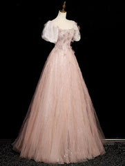 Vestido de fiesta largo de tul con lentejuelas y mangas cortas en color rosa 