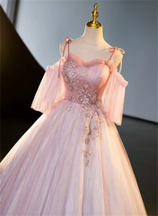 Vestido de fiesta largo de tul con cuentas y hombros descubiertos en color rosa 