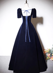 Vestido de noche largo de terciopelo azul marino de corte A 