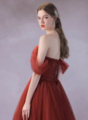 Vestido formal largo de tul rojo vino con escote en forma de A y escote en forma de corazón 