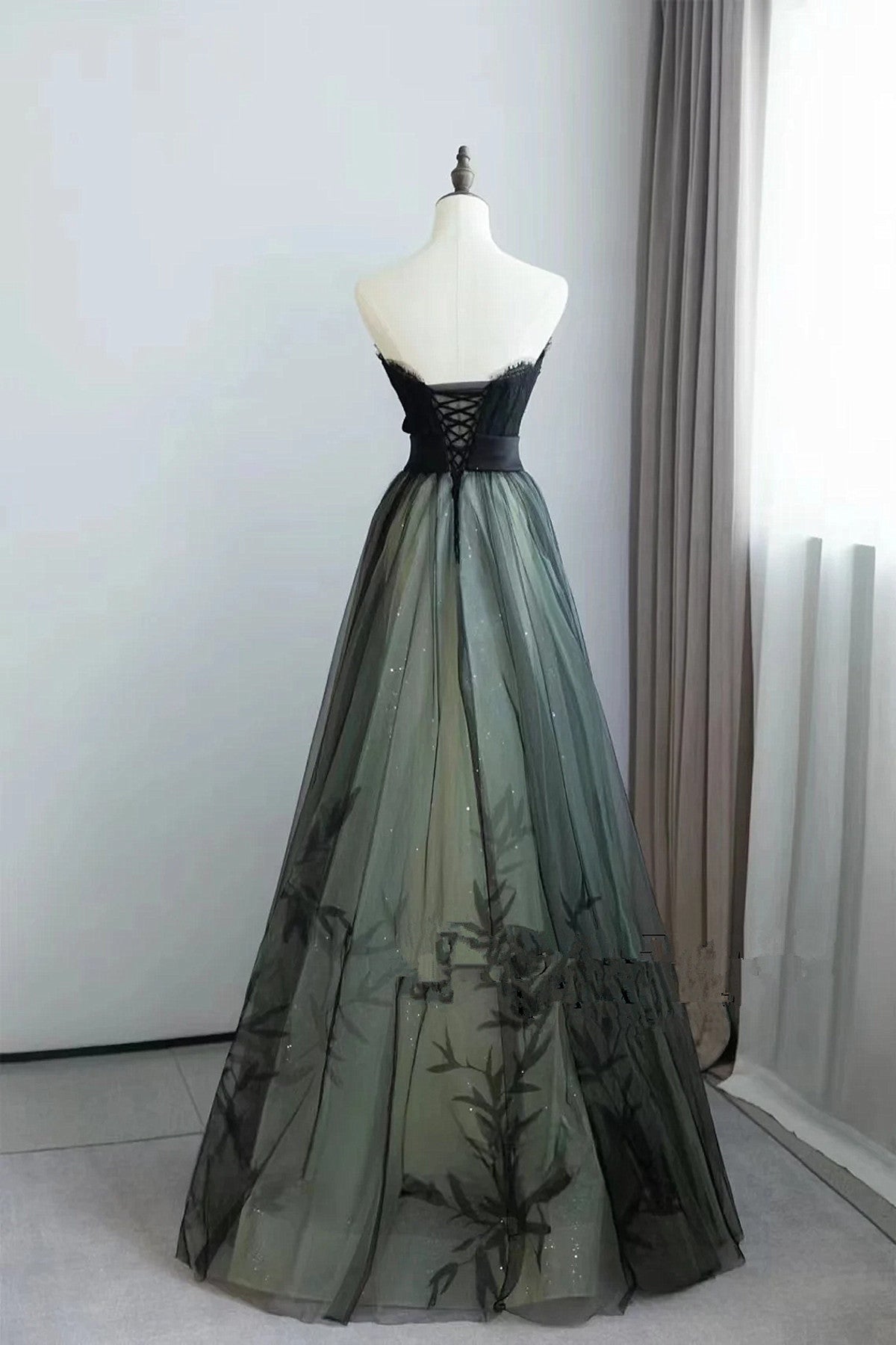 A-line Black and Green Tulle with Lace Long Prom Dress