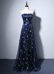 Vestido de noche largo de tul azul marino con corte en A 