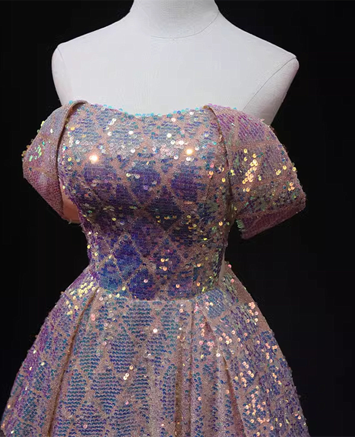 Pink Sequins Off Shoulder A-line Long Prom Dress