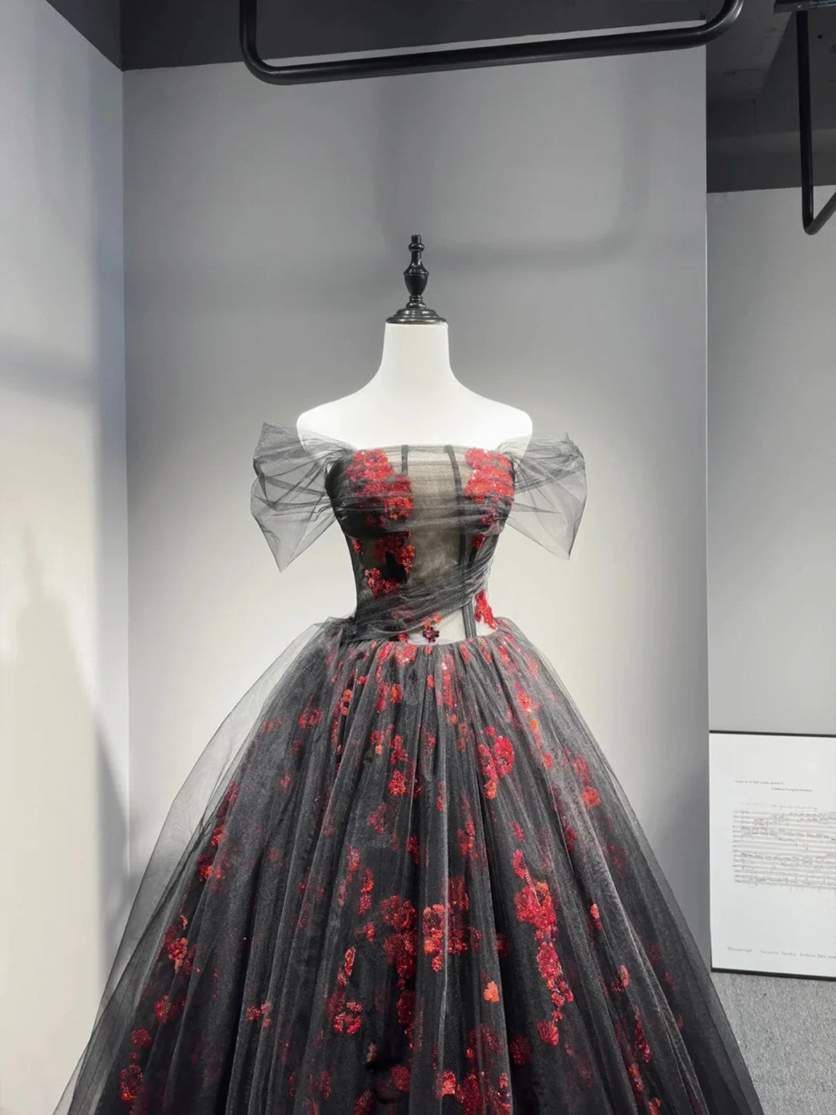 Vestido formal de tul negro y rojo con hombros descubiertos y corte A 