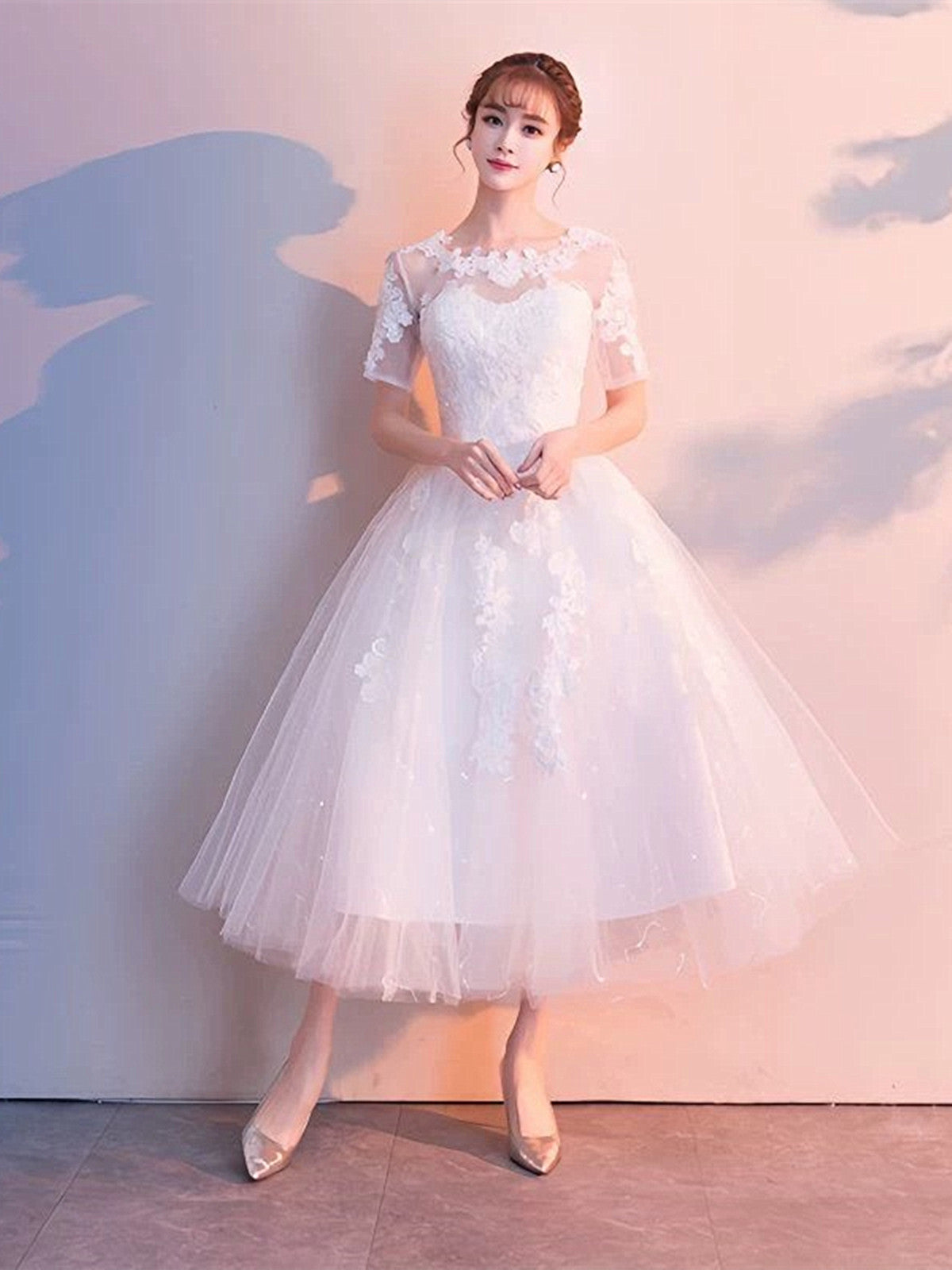 White Tulle Short Sleeves Tea Length Wedding Party Dress