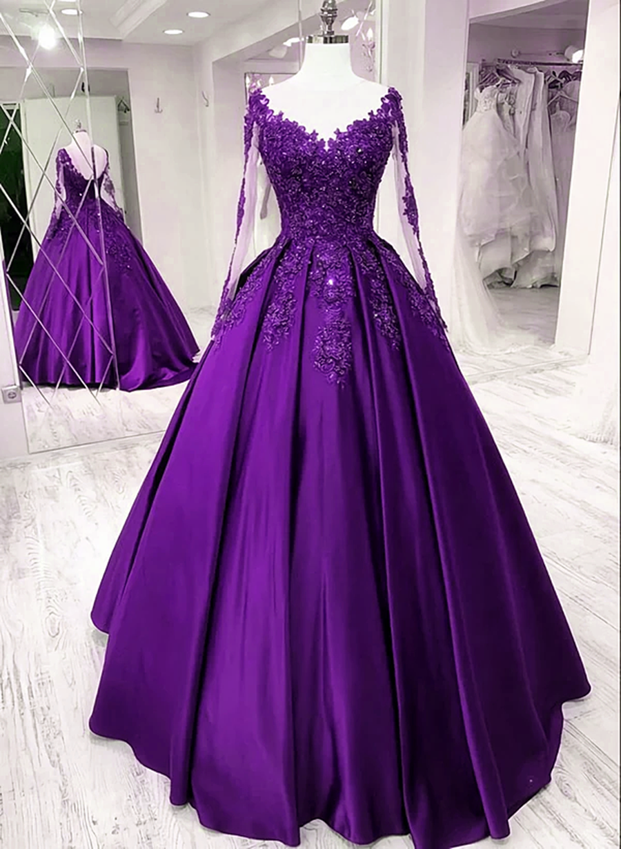 Vestido de fiesta morado de satén con mangas largas y apliques de encaje 