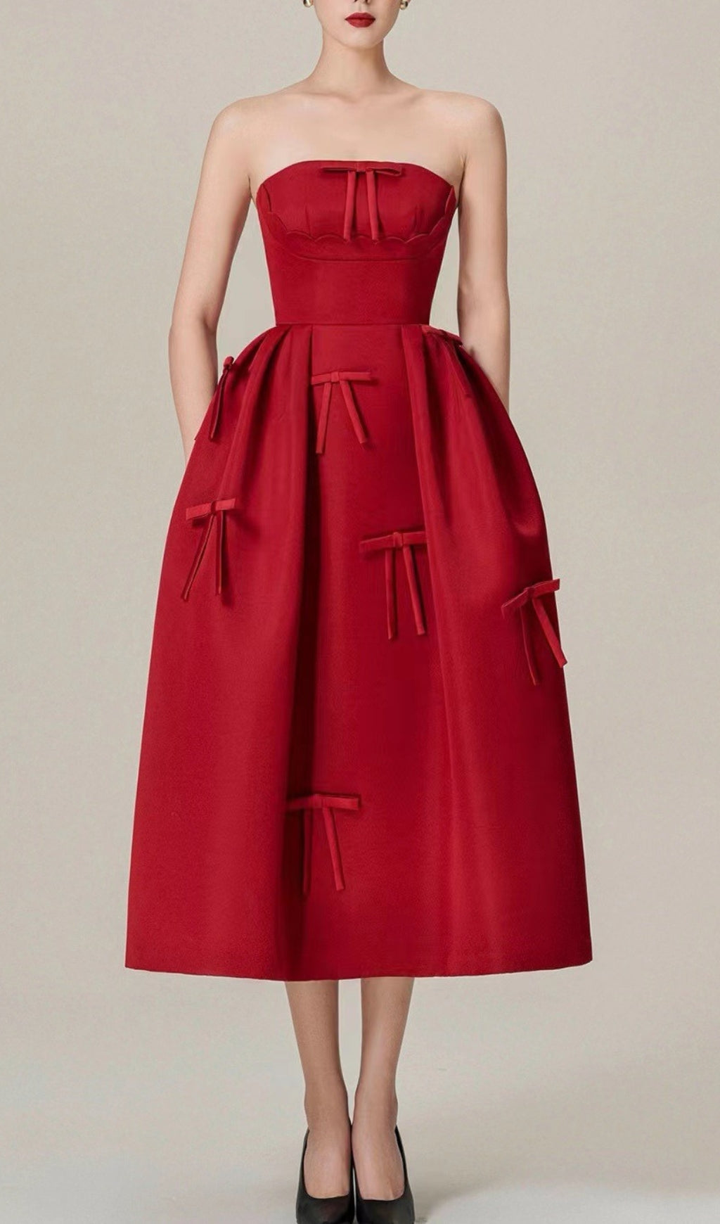 Berkant Strapless Scarlet Bow Midi Dress