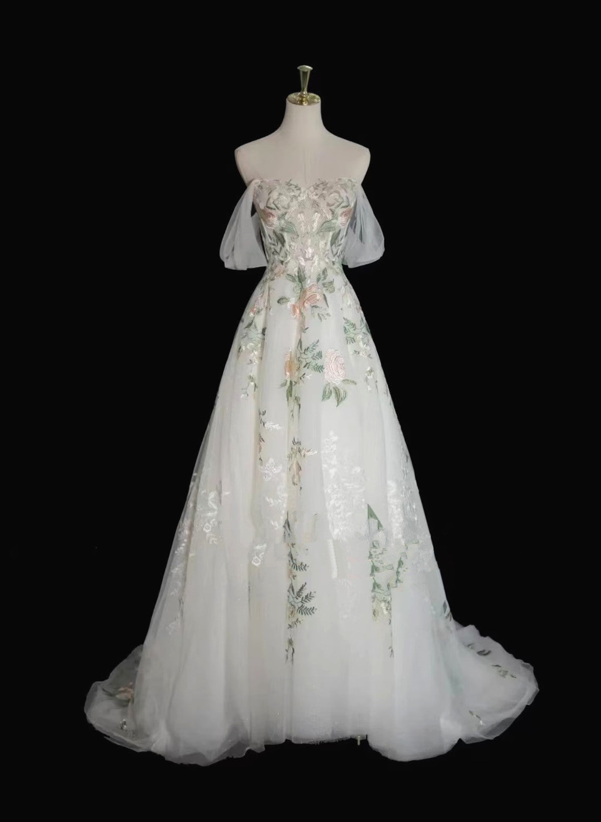 A-line Tulle with Flower Lace White Wedding Party Dress