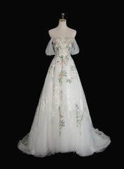 A-line Tulle with Flower Lace White Wedding Party Dress