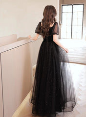 A-line Black Tulle and Velvet Short Sleeves Prom Dress