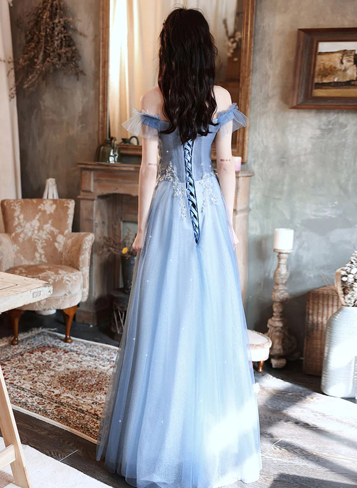 A-line Blue Off Shoulder with Lace Long Evening Dress