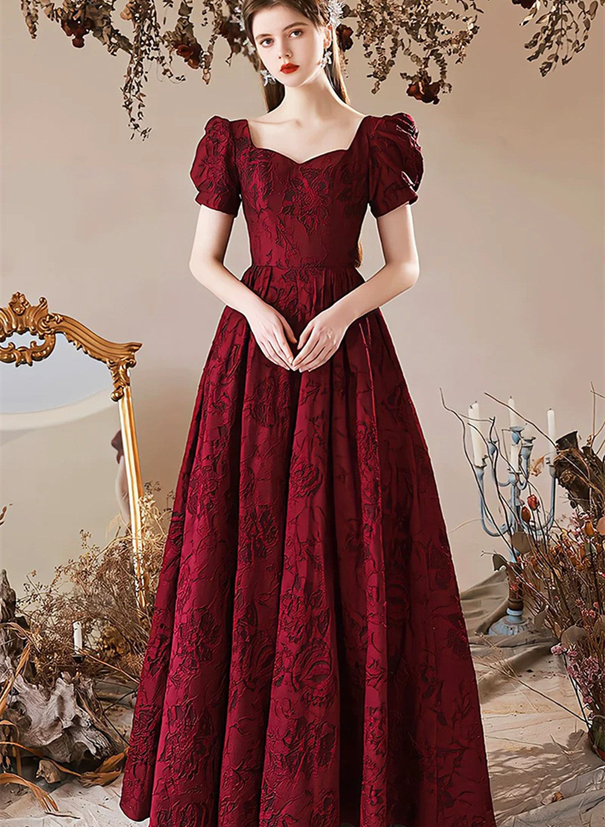 Wine Red Sweetheart Floral A-line Prom Dress