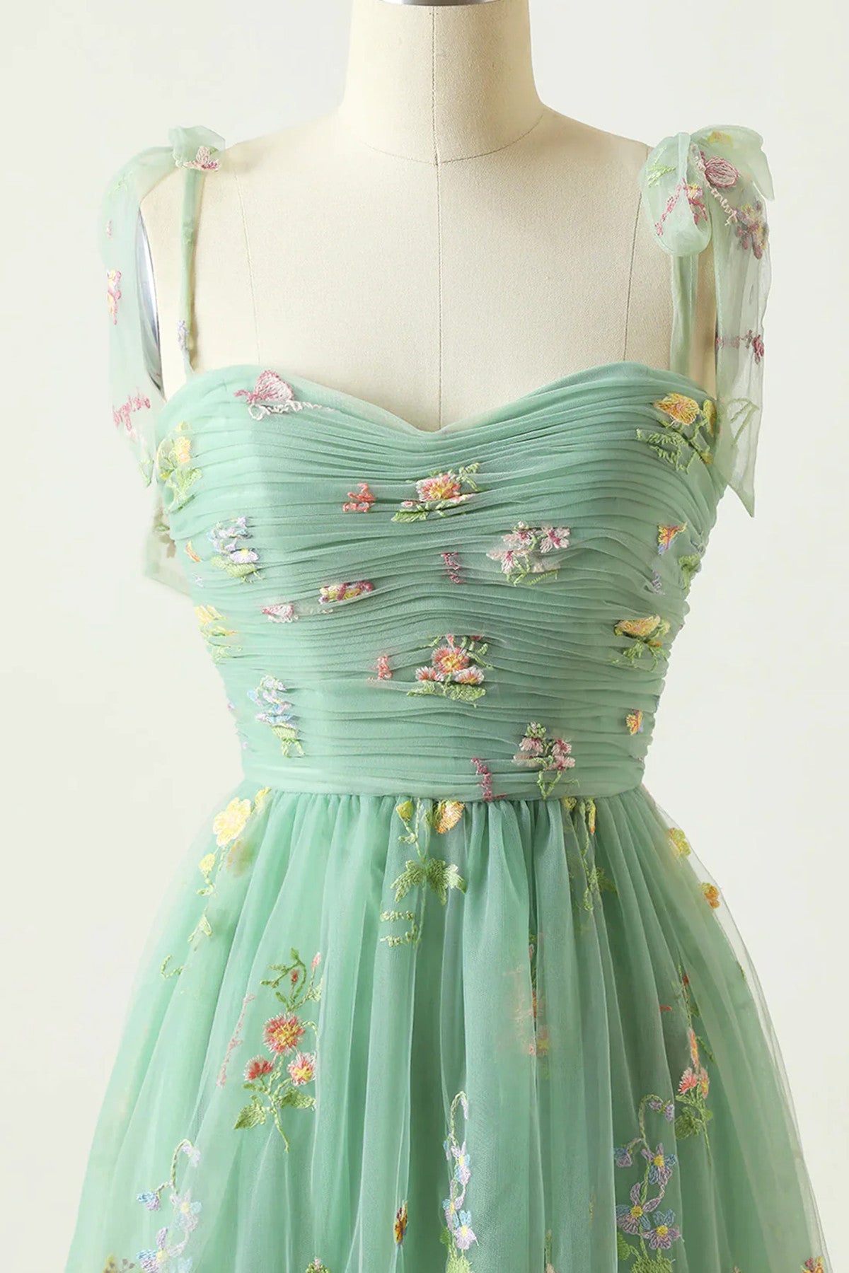 A-line Green Straps Sweetheart Floral Tulle Prom Dress