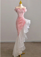 Vestido de fiesta elegante de sirena con hombros descubiertos y corte asimétrico en rosa 