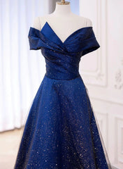 Blue A-line Satin with Tulle Long Prom Dress