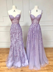 Vestido de fiesta largo color lavanda con escote en forma de corazón, cuentas y encaje 