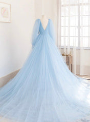 Light Blue Puffy Sleeves Long Formal Dress