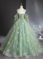 Green Tulle Floral Long Party Dress Prom Dress