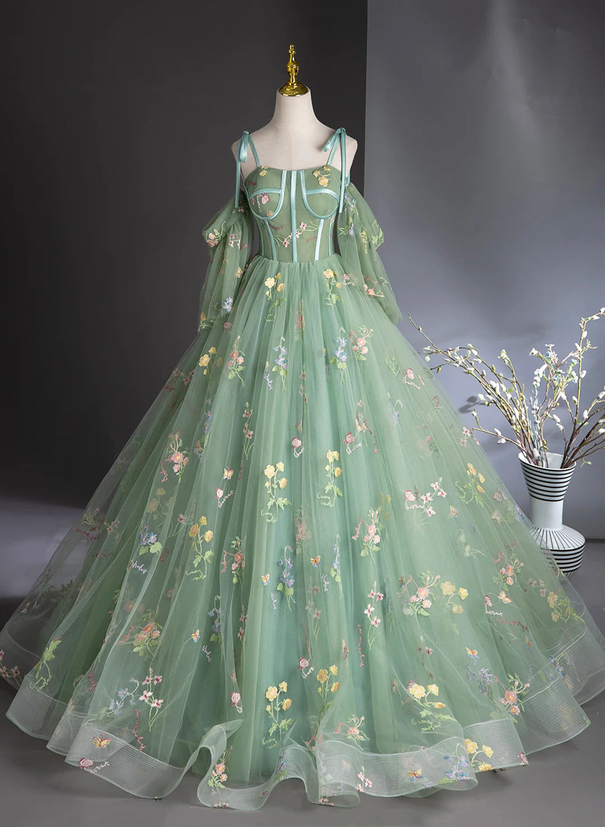 Green Tulle Floral Long Party Dress Prom Dress