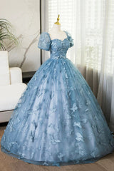 Precioso vestido de fiesta largo de manga corta azul con encaje de mariposa 