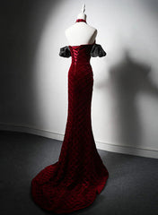 Vestido formal largo de sirena de terciopelo rojo vino con cuentas 
