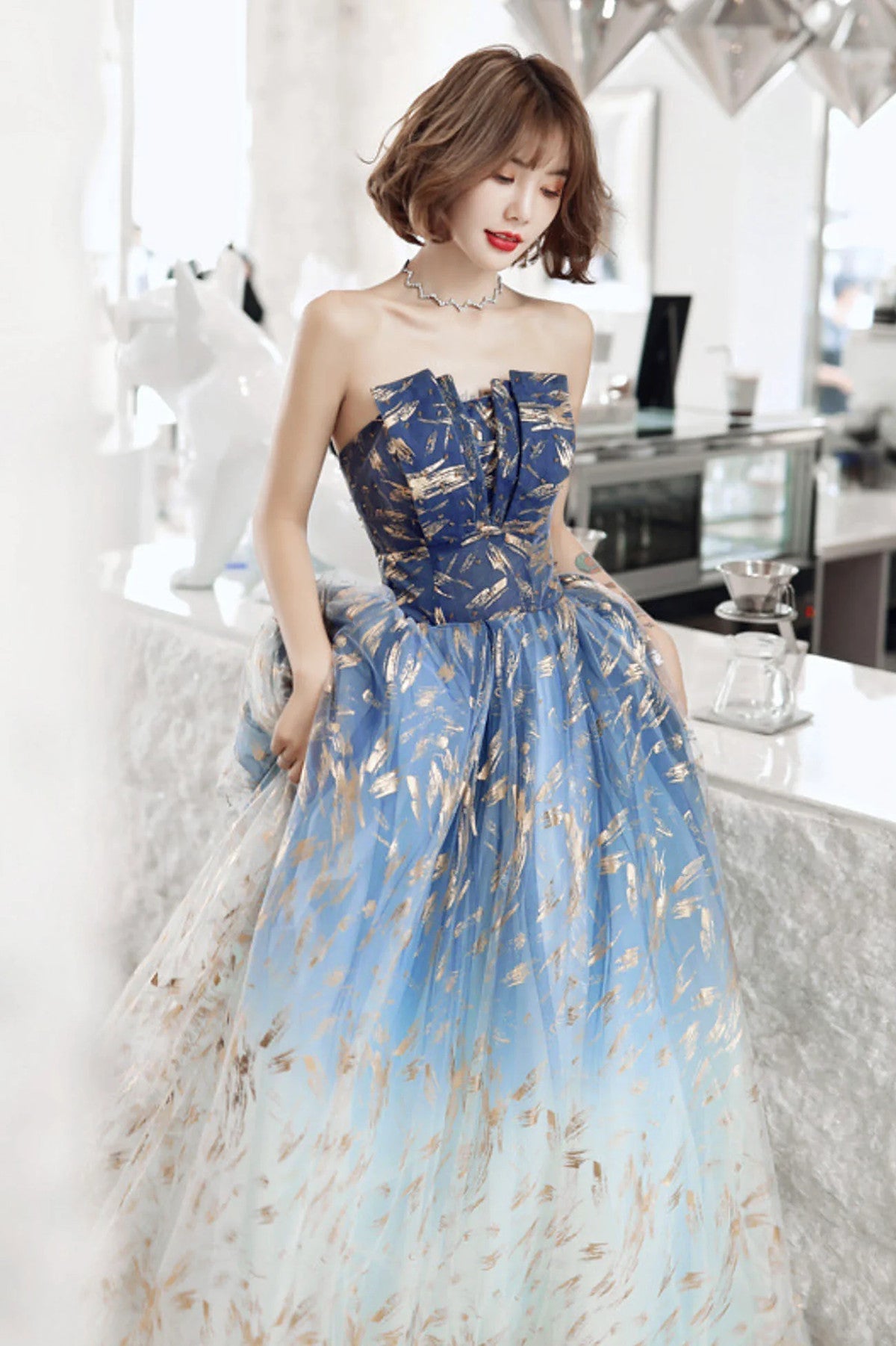 Blue Gradient Beaded A-line Floor Length Party Dress