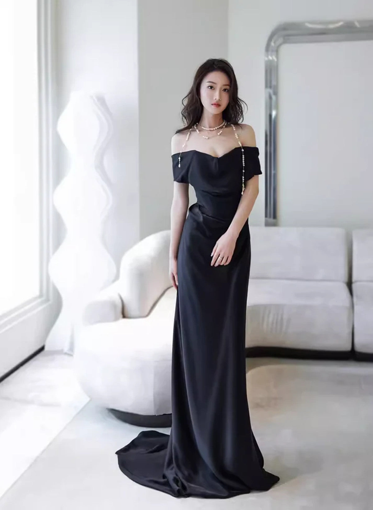 Black Off Shoulder Soft Satin Floor Length Party Dress
