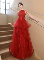 Chic Red Tulle Halter A-Line Long Evening Dress