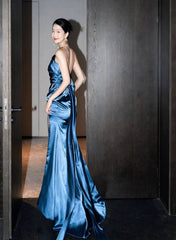 Blue Soft Satin Long Prom Dress with Leg Slit